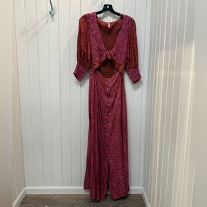 Free People String of Hearts Long Pink Floral Button-Front Dress Tie Detail